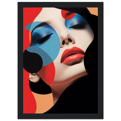 A framed print of a woman with red and blue makeup