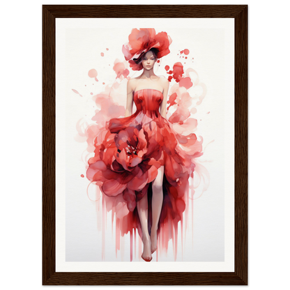 A framed print of a woman in a red dress and hat