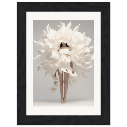 A framed print of a woman in a white dress with large white flowers