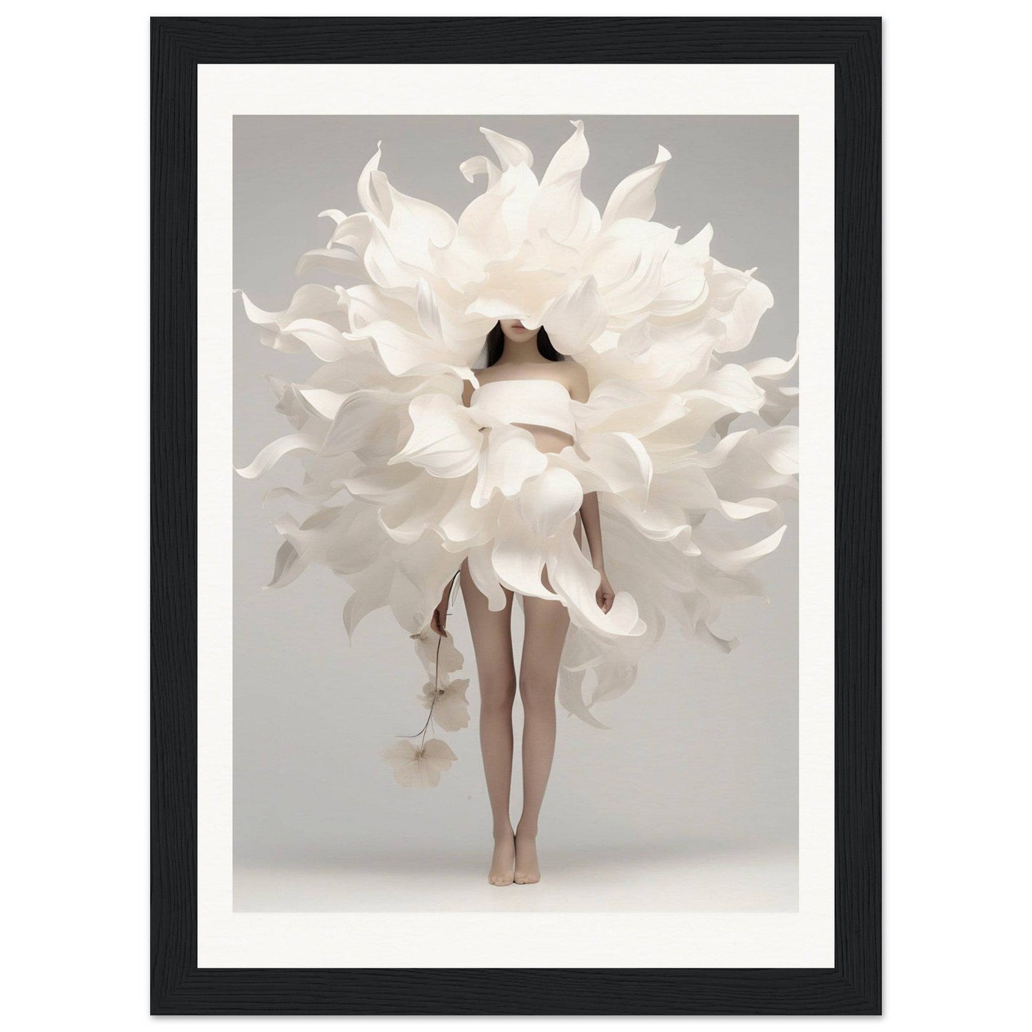 A framed print of a woman in a white dress with large white flowers