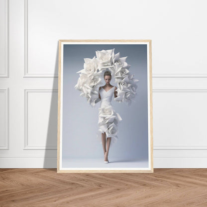 A framed print of a woman in a white dress with flowers on her head