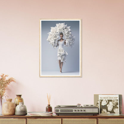 A framed print of a woman in a white dress with flowers on her head