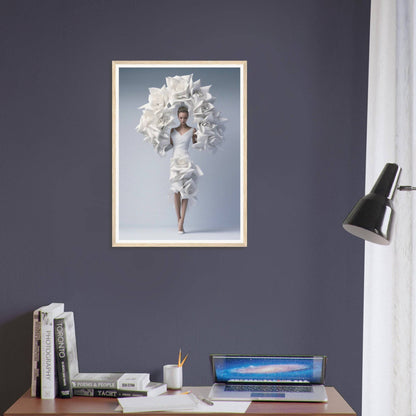 A framed print of a woman in a white dress with a bouquet of flowers