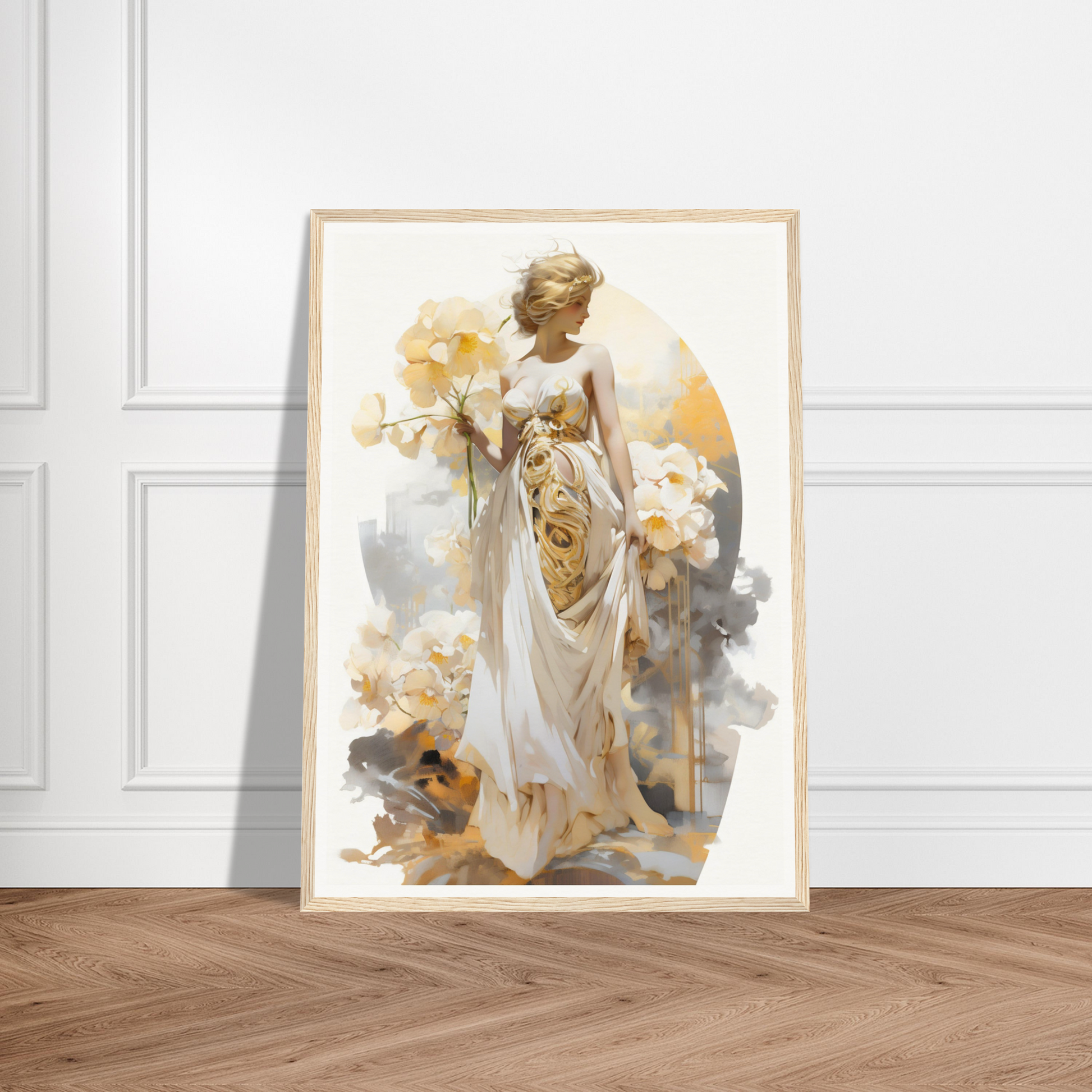 A framed print of a woman in a white dress with flowers