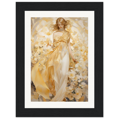 A framed print of a woman in a yellow dress