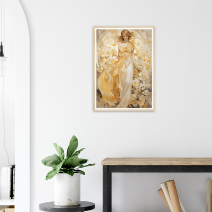 A framed print of a woman in a yellow dress