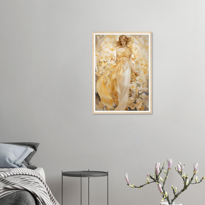 A framed print of a woman in a yellow dress