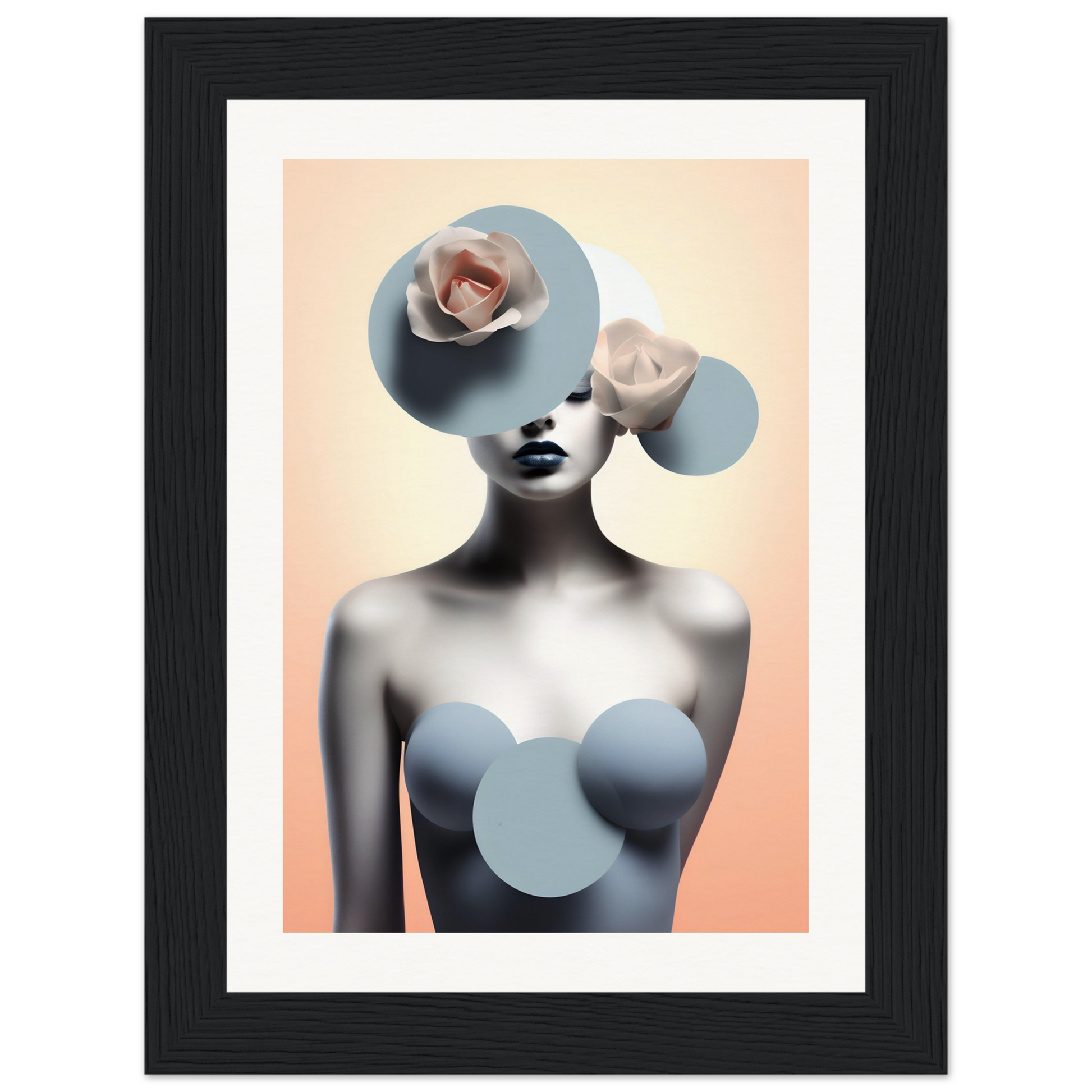 A framed print with a woman’s face and a heart