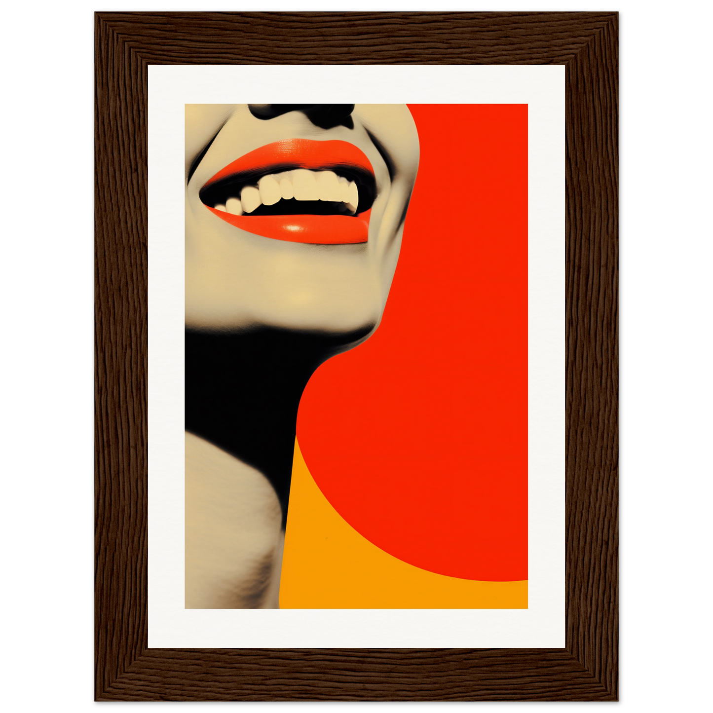 A framed print of a woman’s face with red lips