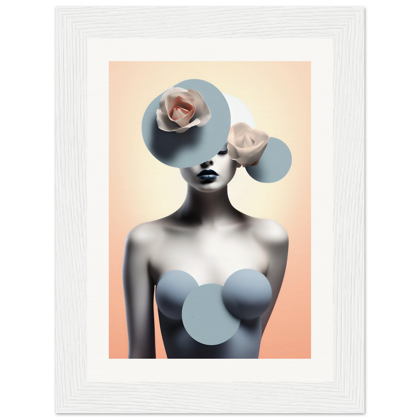 A framed print with a woman’s face and a large blue heart