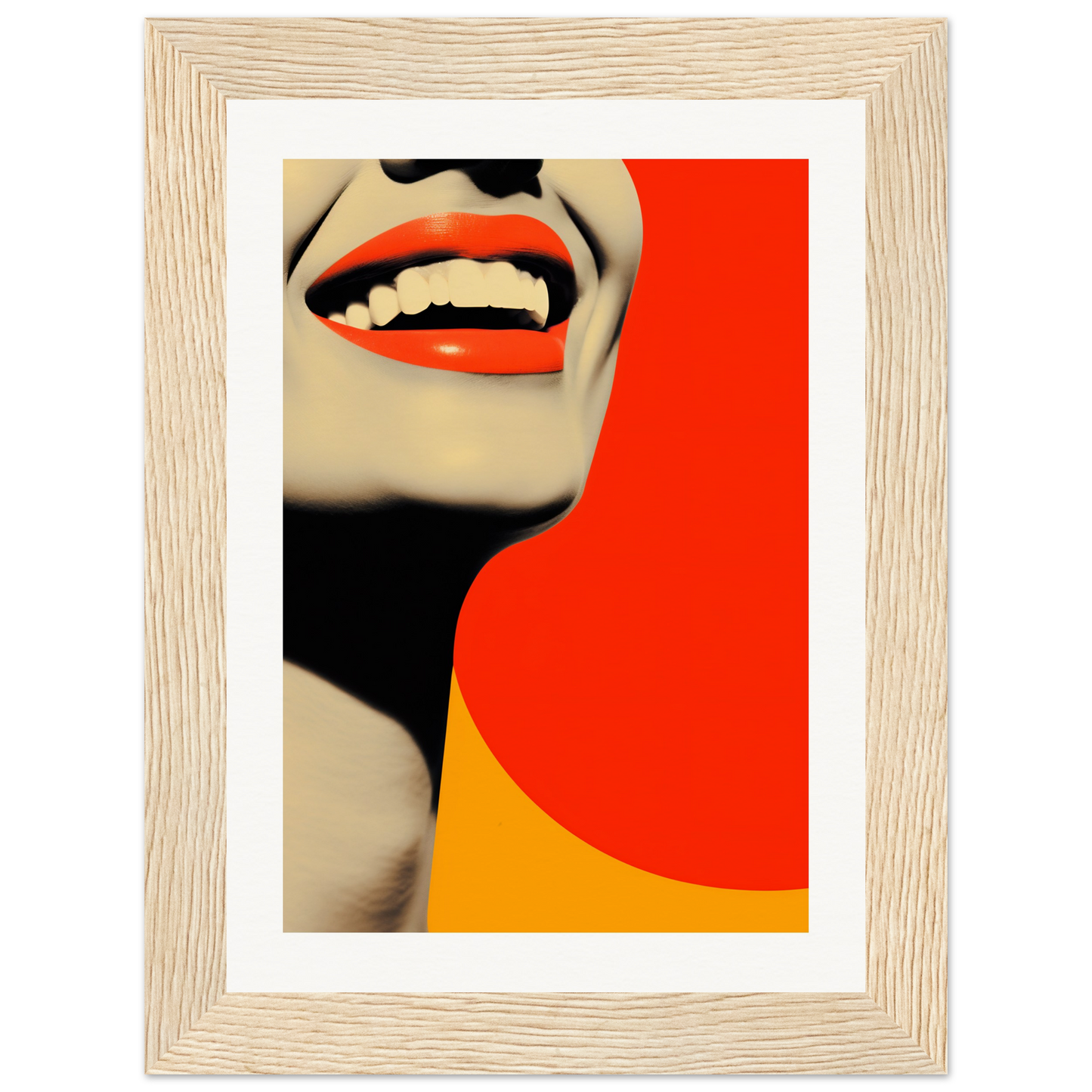 A framed print of a woman’s face with red lips