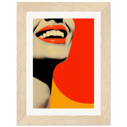 A framed print of a woman’s face with red lips