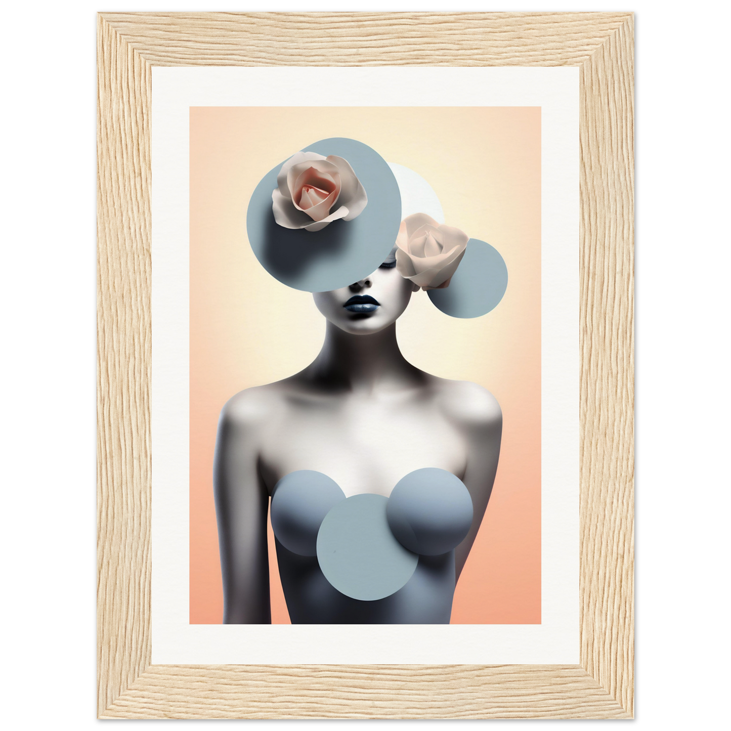 A framed print with a woman’s face and a heart