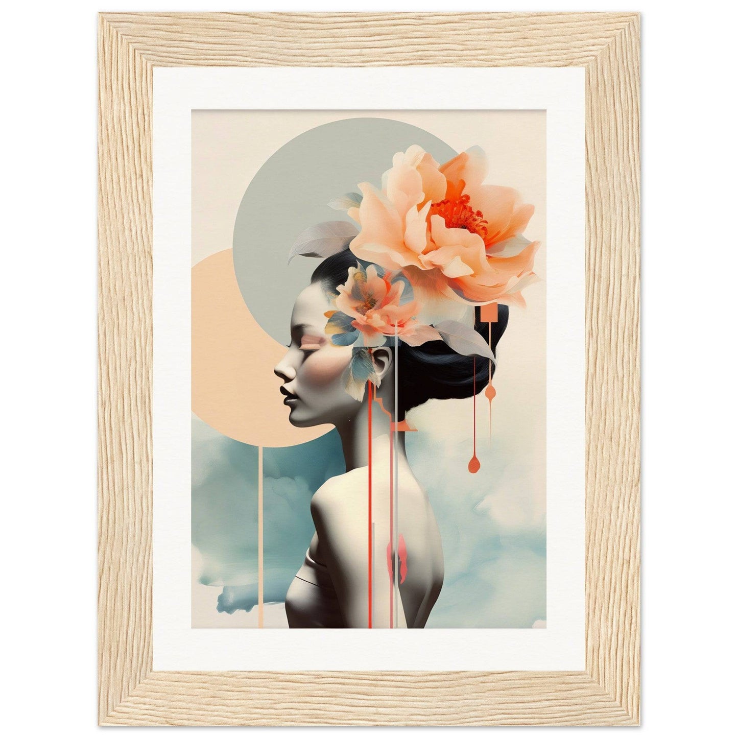 A framed print with a woman’s face and flowers