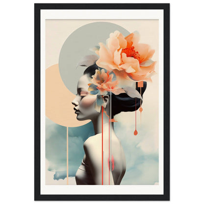 A framed print with a woman’s face and flowers