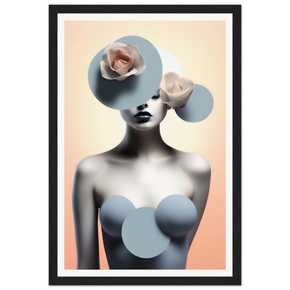 A framed print with a woman’s face and a flower on it