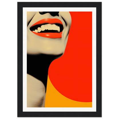 A framed print of a woman’s face with red lips