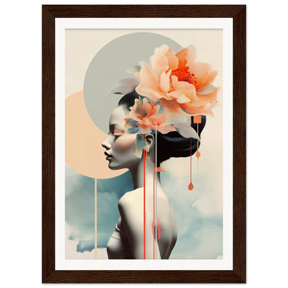 A framed print with a woman’s face and flowers