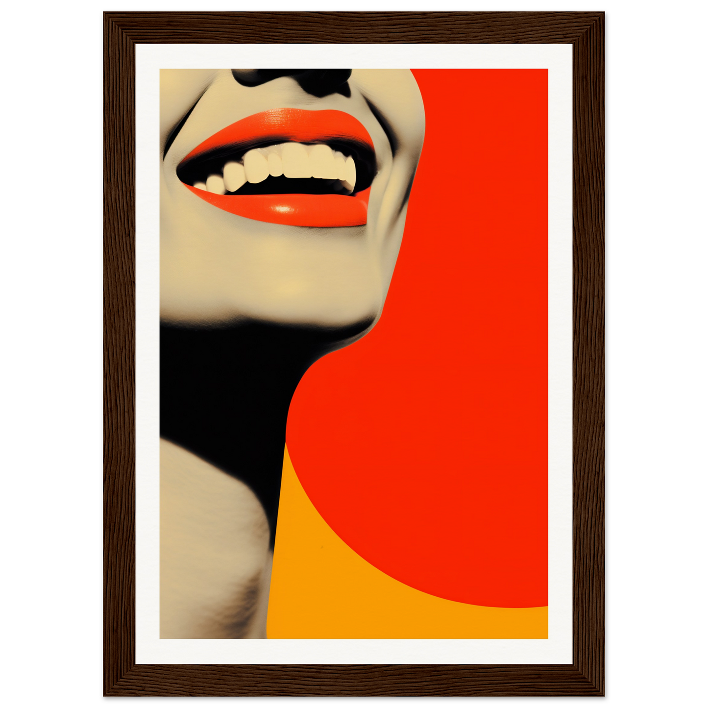 A framed print of a woman’s face with red lips