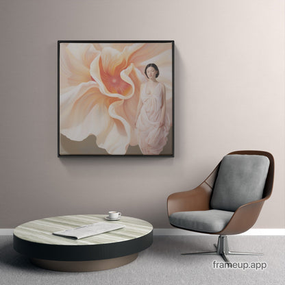 Framed artwork depicting a woman standing next to a stylized flower.