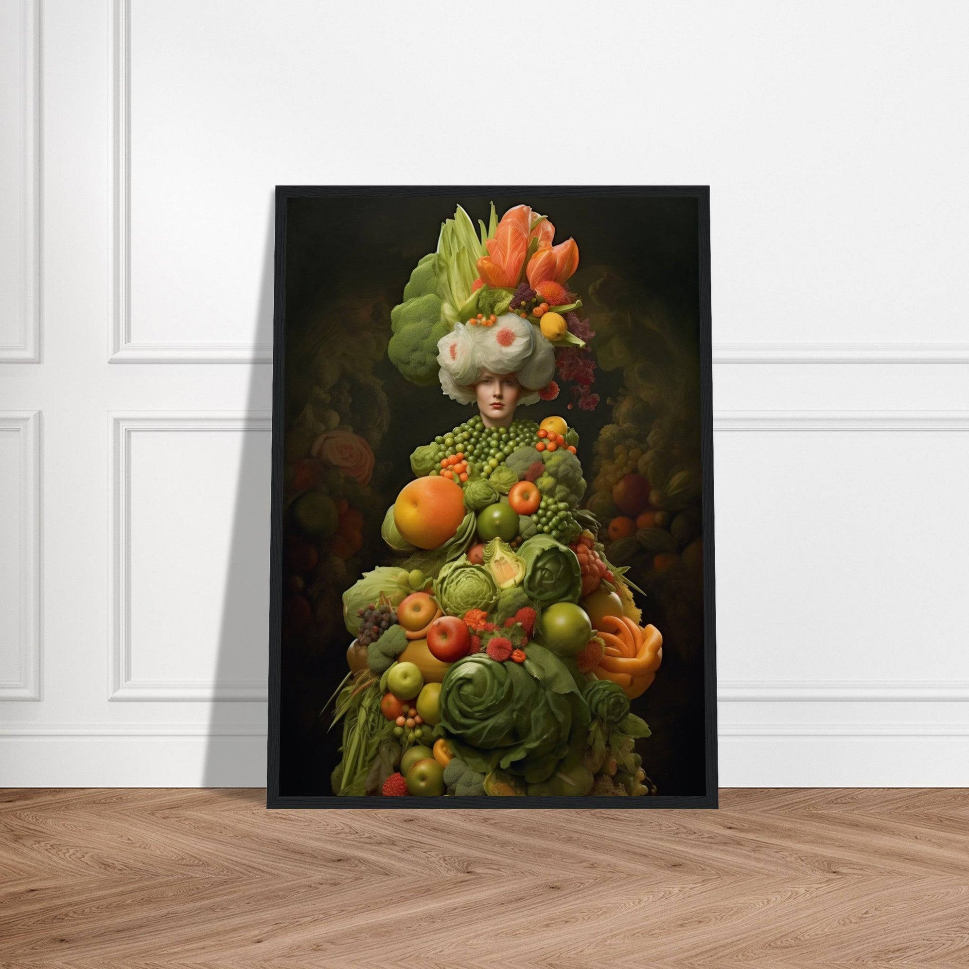 Surreal portrait composed entirely of colorful fruits and vegetables arranged to resemble a human figure.