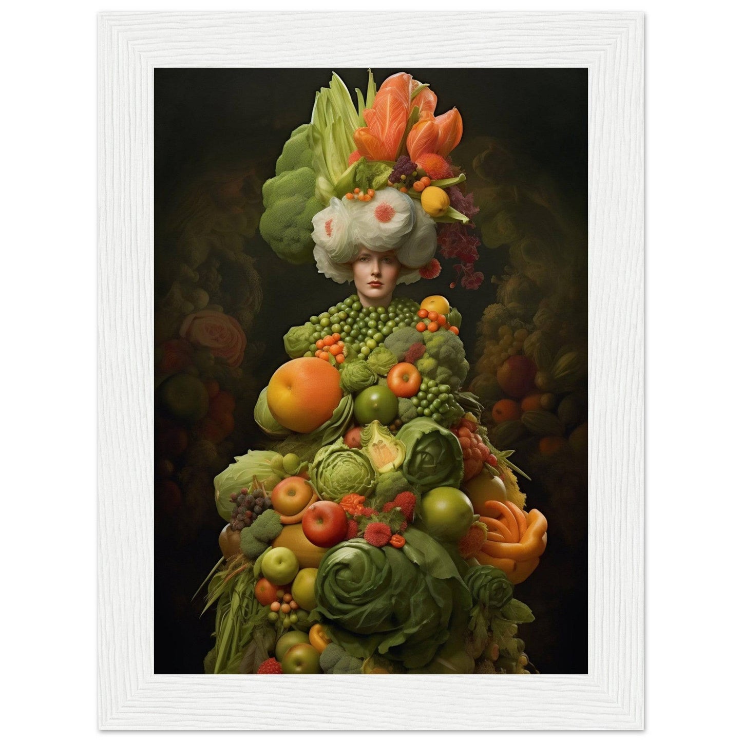 Surreal figure composed entirely of colorful fruits and vegetables, with a headdress of tulips and leafy greens.