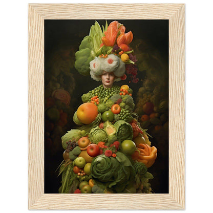 Surreal portrait of a figure composed entirely of various fruits and vegetables.