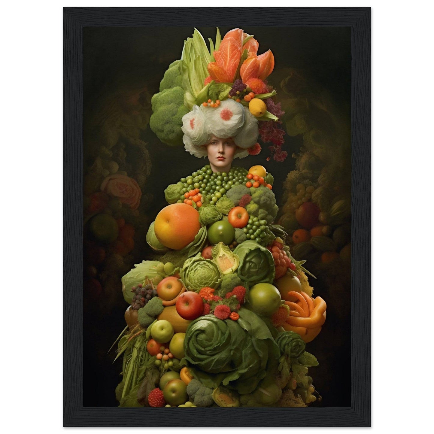 Surreal portrait composed entirely of colorful fruits and vegetables arranged to resemble a human figure with an elaborate headdress.