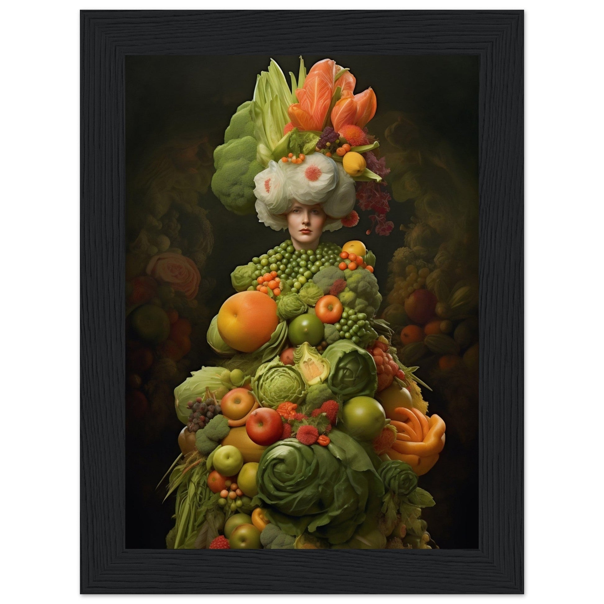 Surreal portrait of a figure composed entirely of colorful fruits and vegetables.