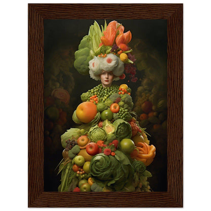 Surreal portrait of a figure composed entirely of various fruits and vegetables.