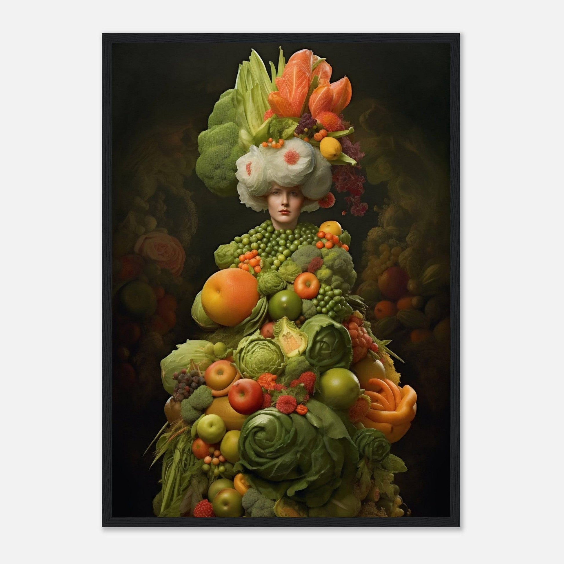 Surreal figure composed entirely of colorful fruits and vegetables, with a floral headdress.