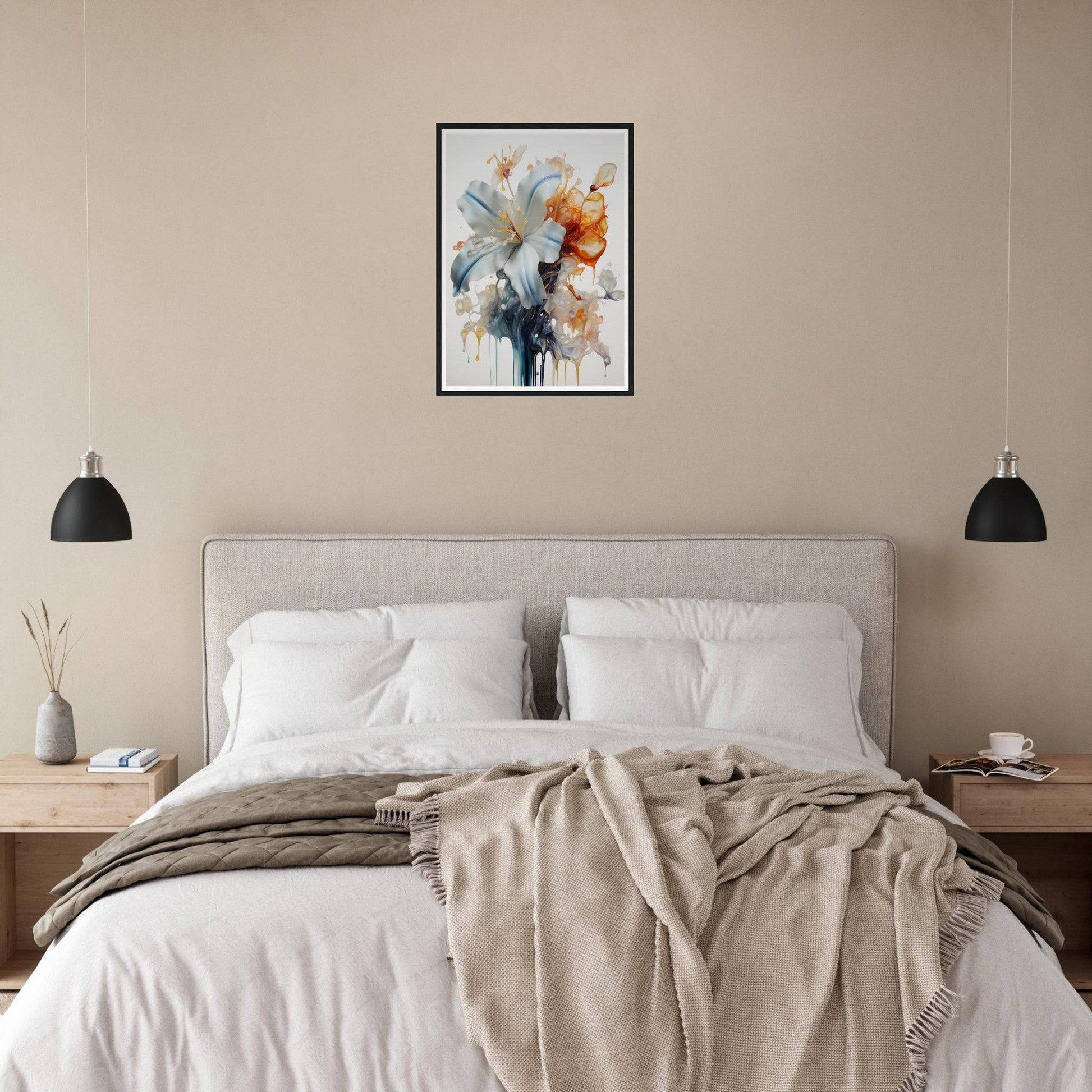 Cozy bedroom with a neutral color scheme and abstract floral artwork above the bed.