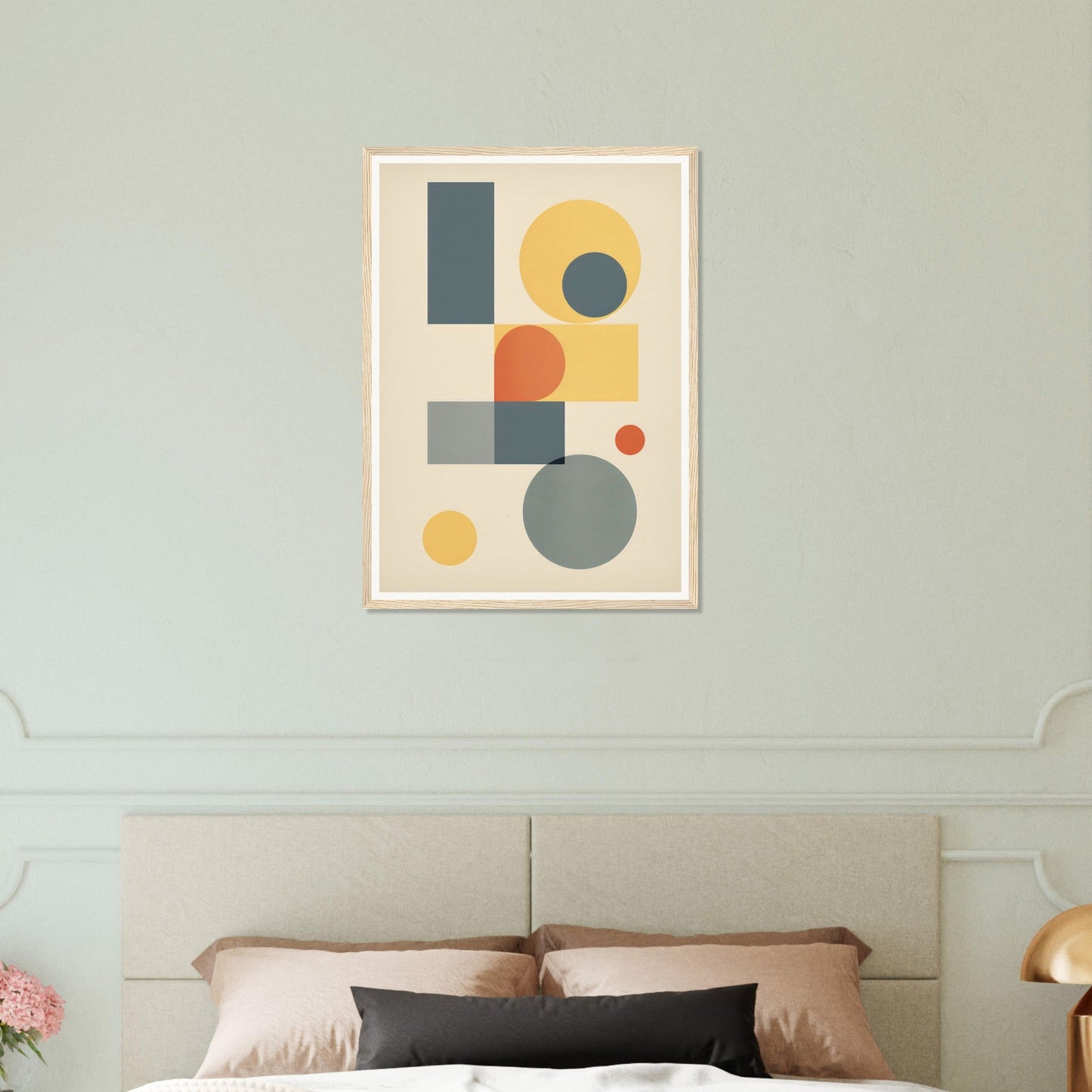 Abstract geometric artwork featuring circles, rectangles, and squares in muted colors.