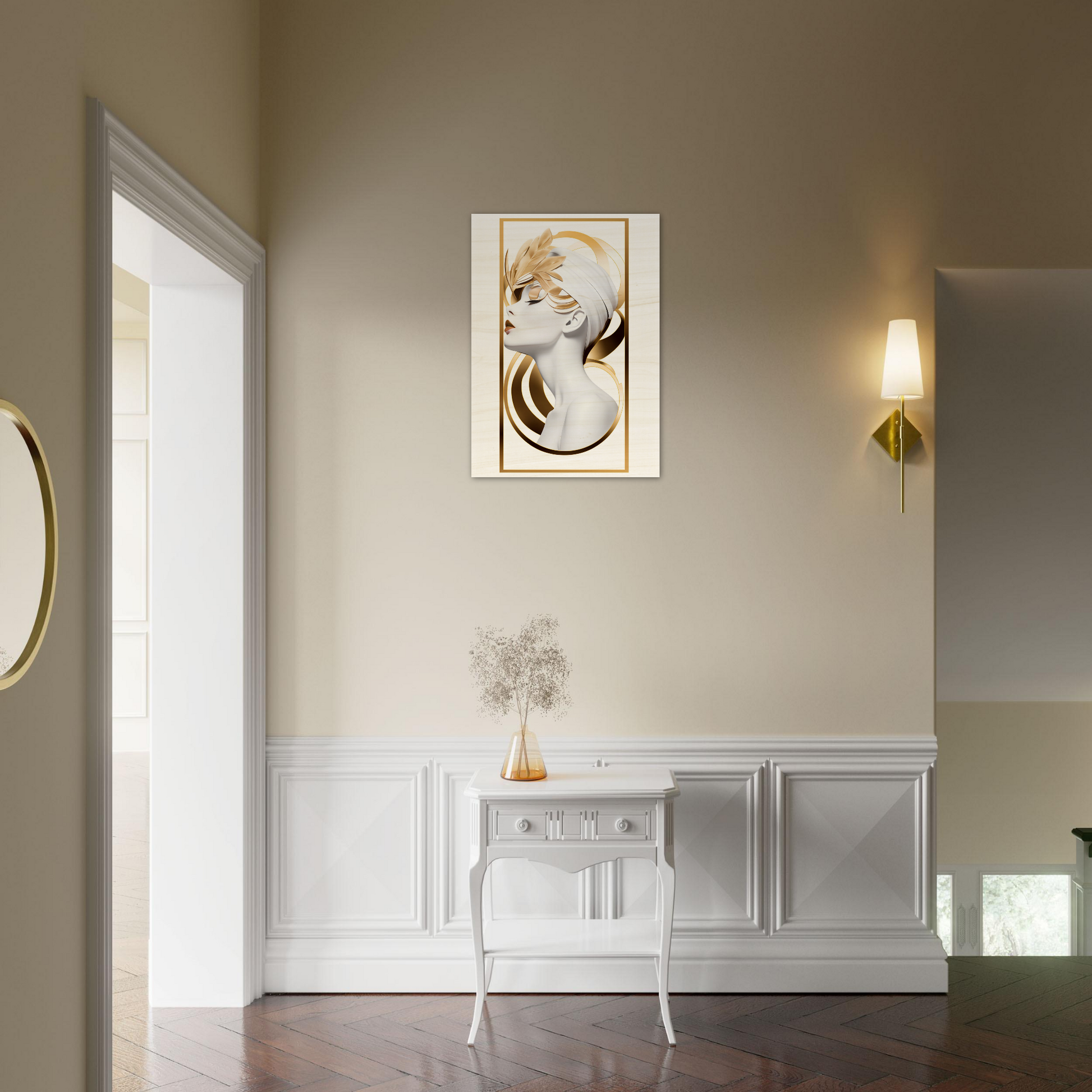 Elegant white console table with ornate legs and drawer handles.