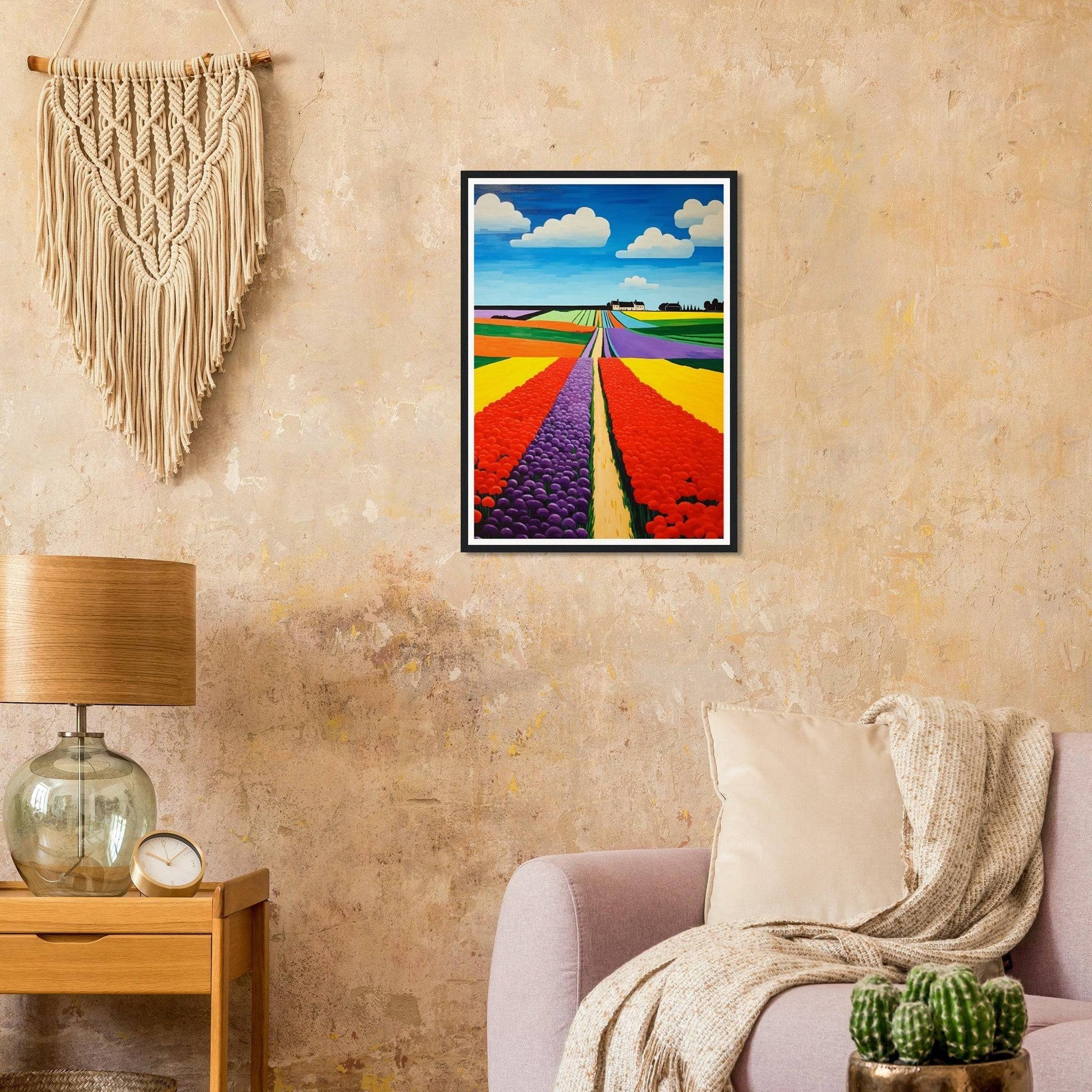 Colorful painting of vibrant flower fields with a path running through them.