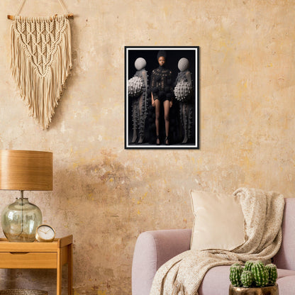 Framed photograph of a person standing between two figures with spherical heads.