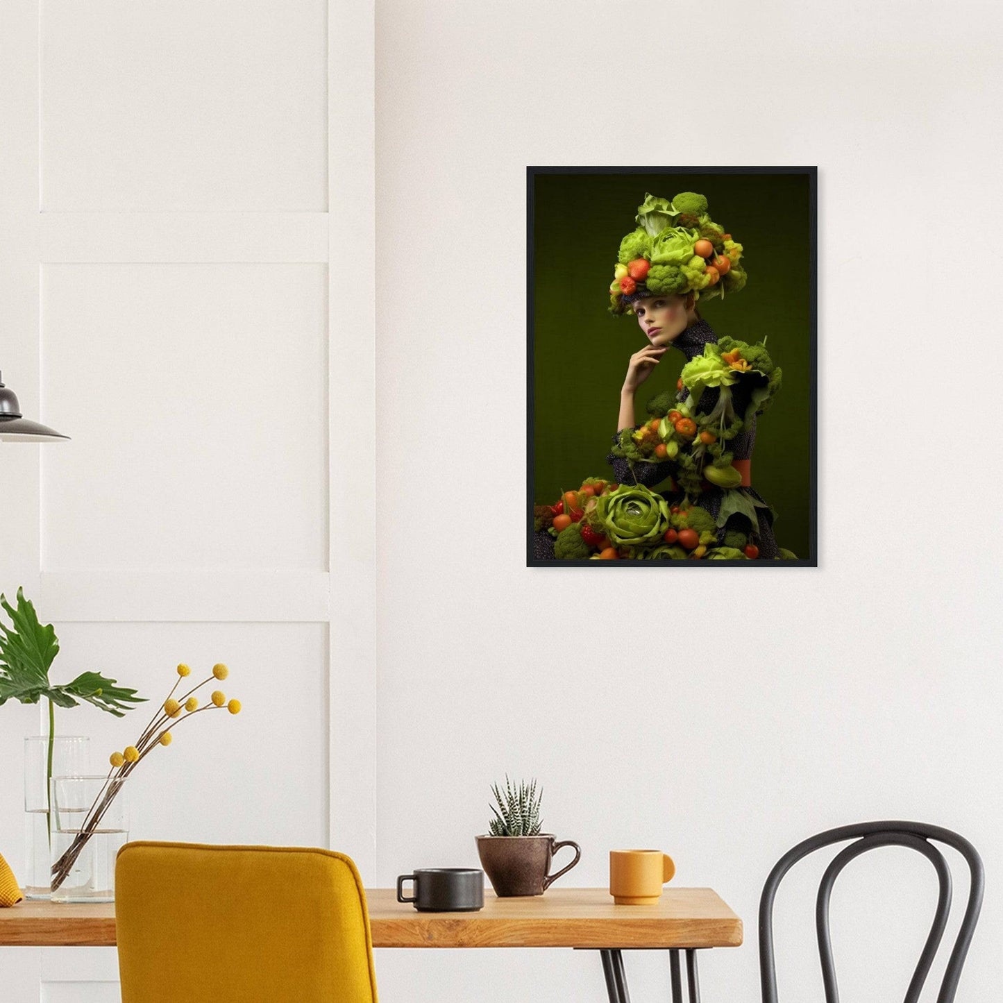 Framed artwork depicting a figure adorned with vibrant fruits and vegetables against a dark background.