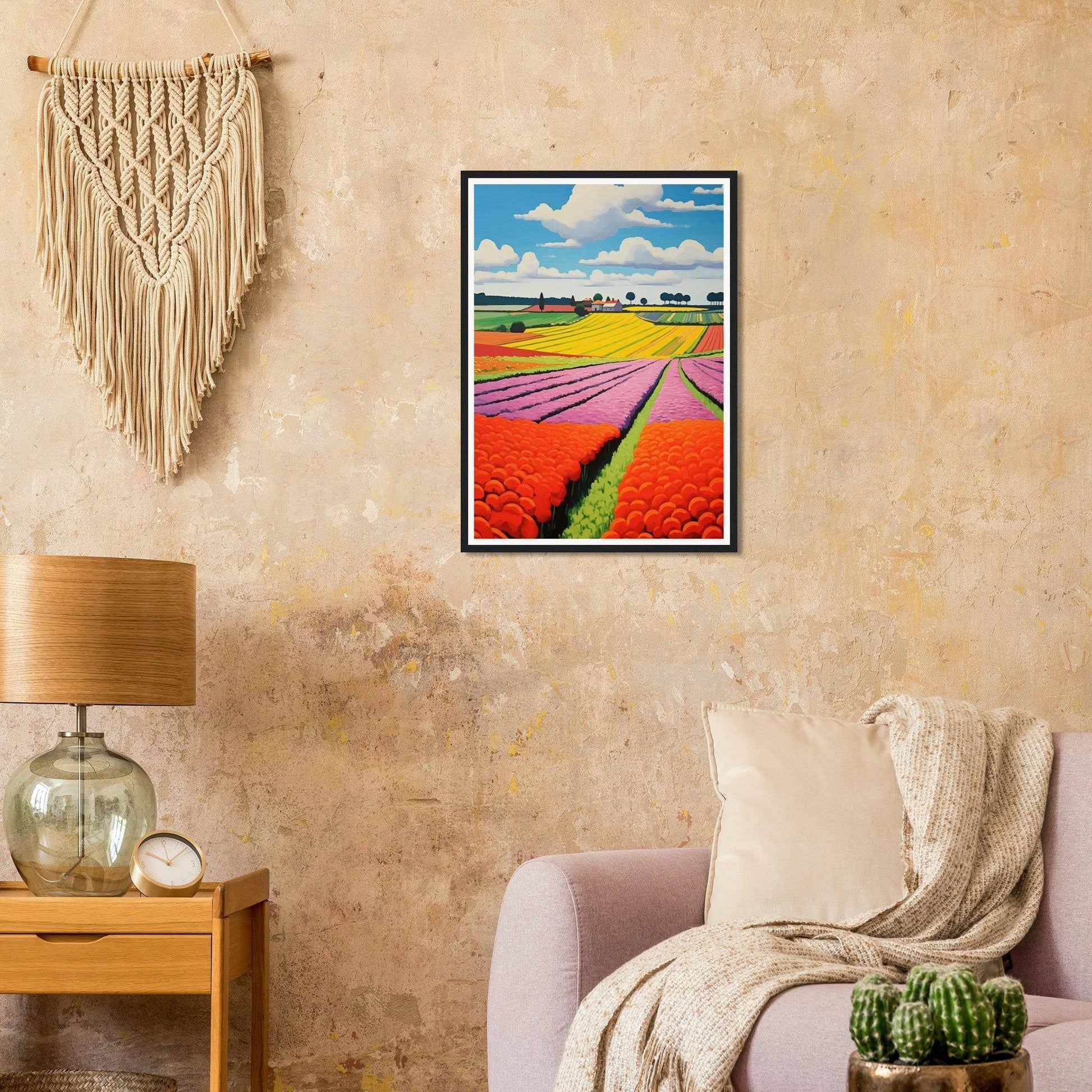 Colorful framed painting of vibrant flower fields stretching to the horizon.