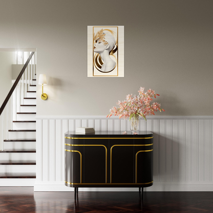 Elegant black and gold sideboard with curved edges and sleek design.