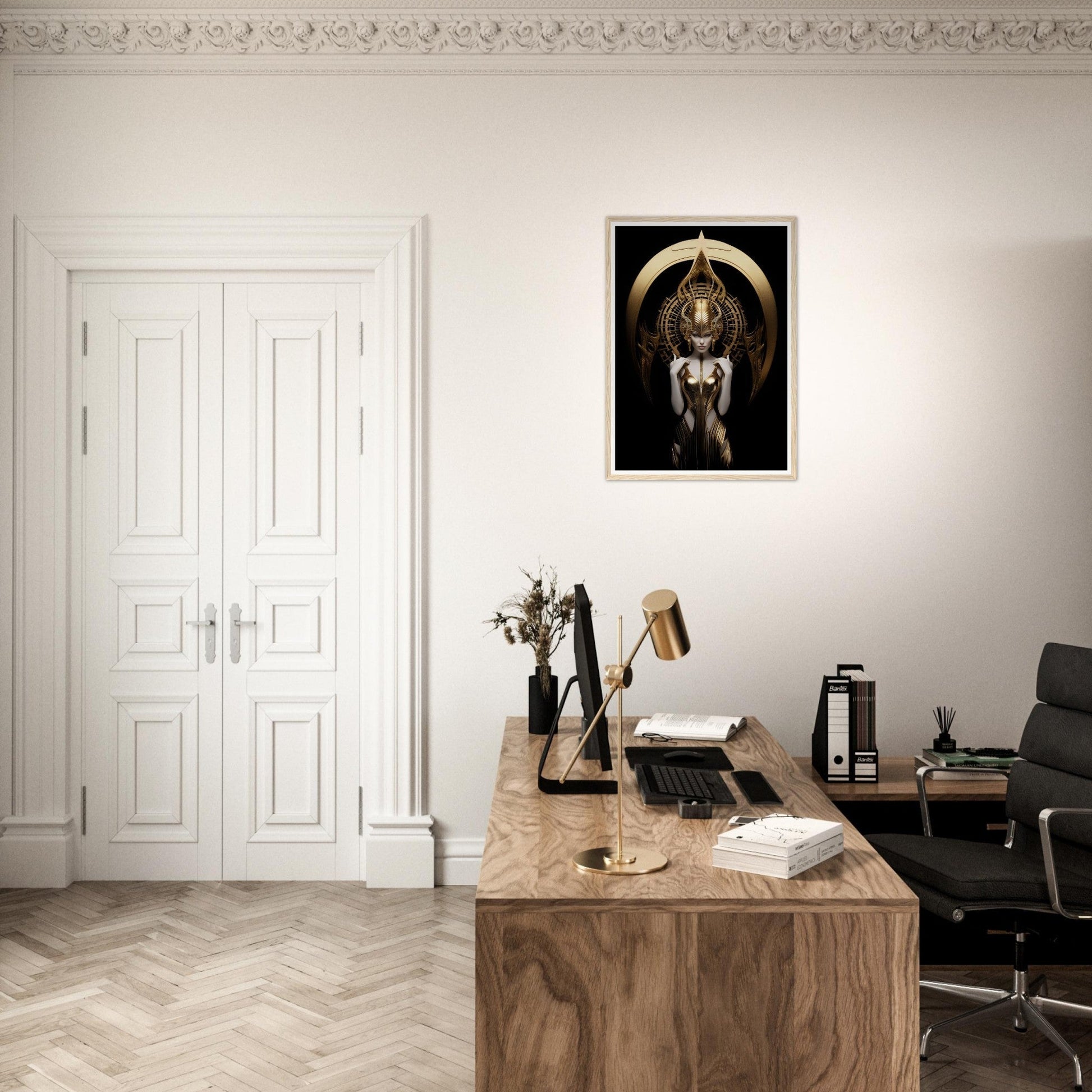 Stylish home office with a wooden desk, modern chair, and striking wall art.