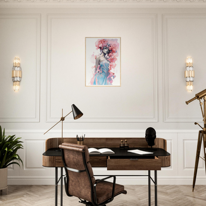 Wooden desk with a leather chair in a home office setting.