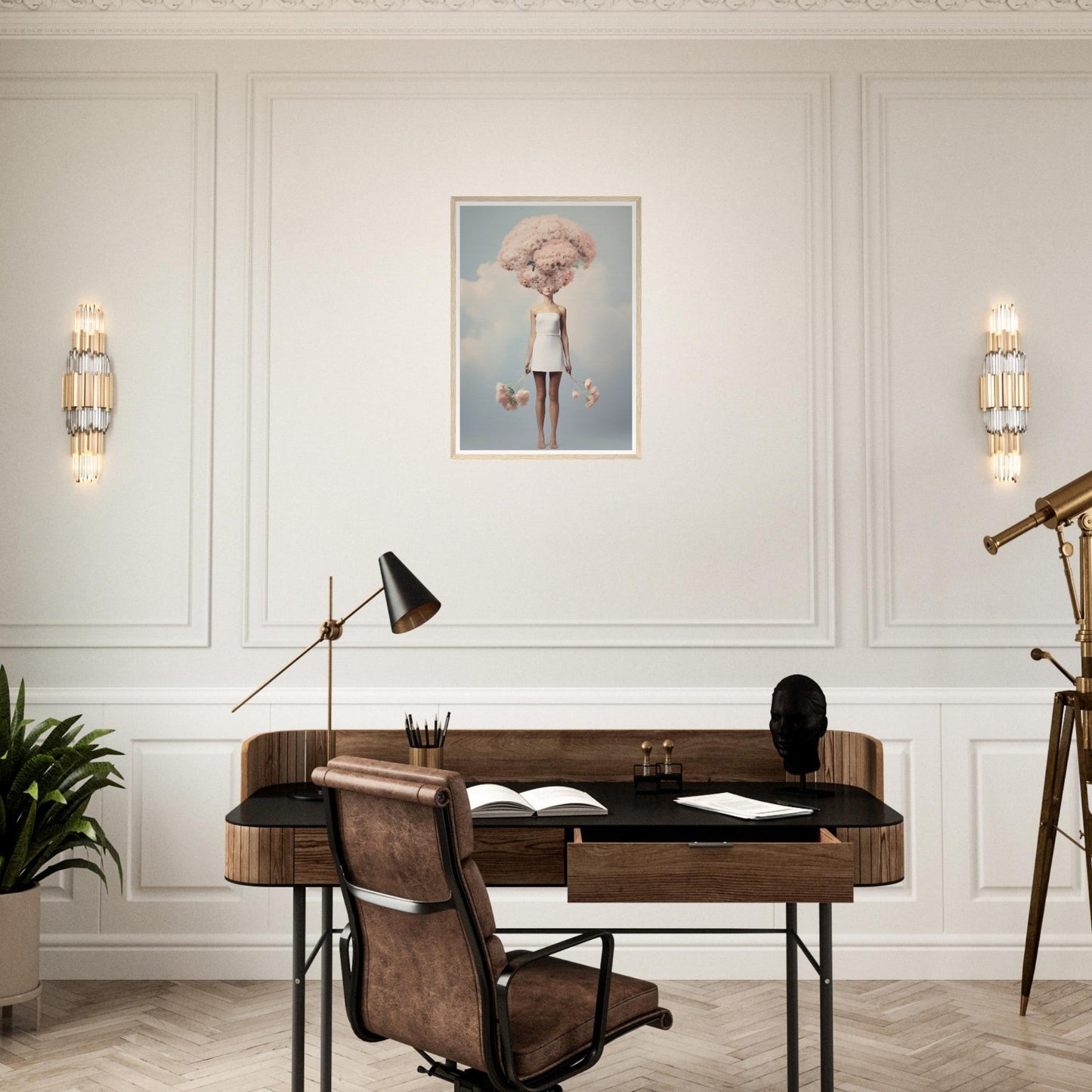 Elegant wooden desk with a leather chair in a home office setting.