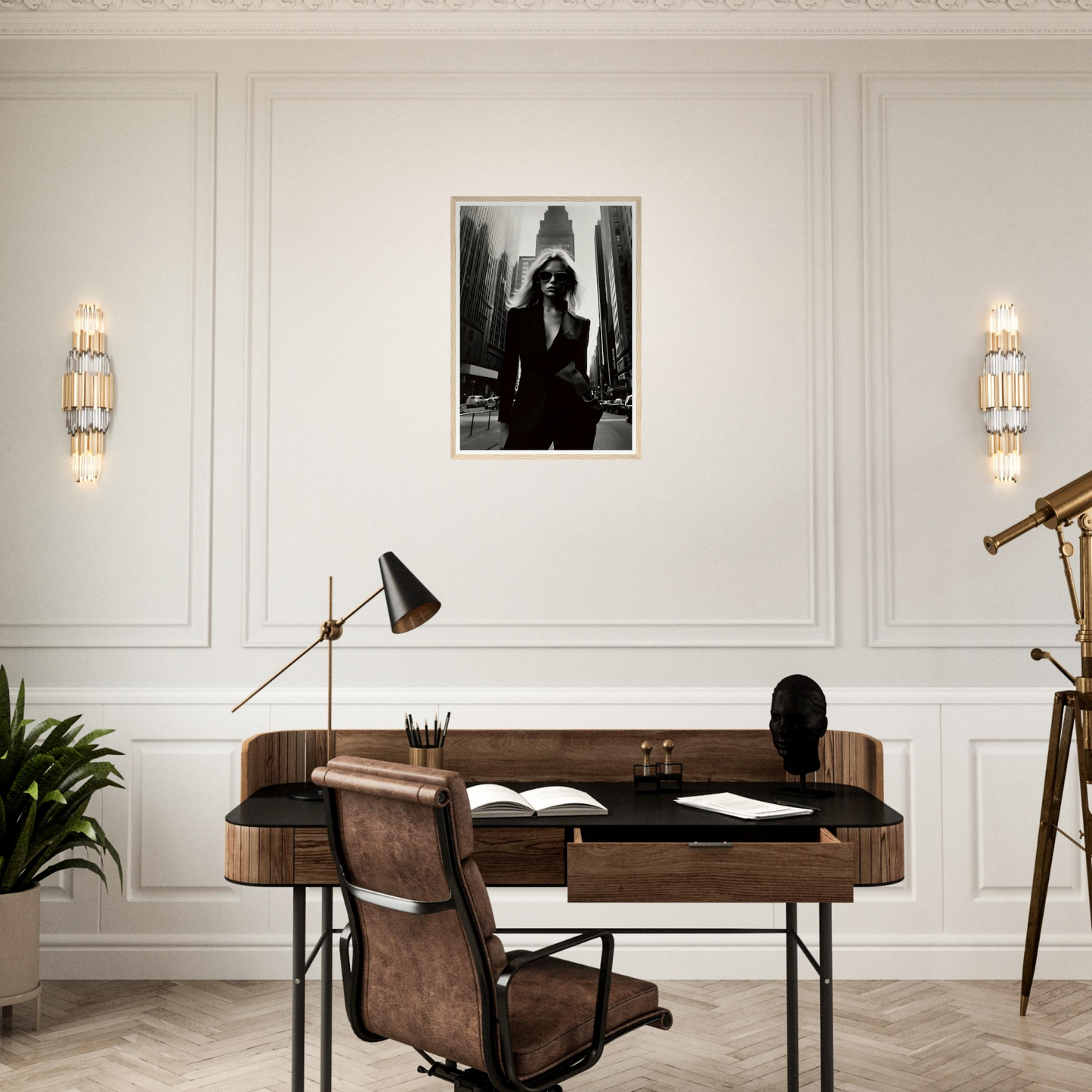 Wooden desk with leather chair in a mid-century modern style.