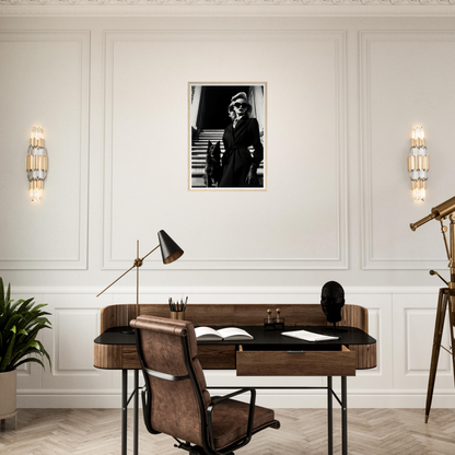 Elegant wooden desk with a leather chair in a mid-century modern style.