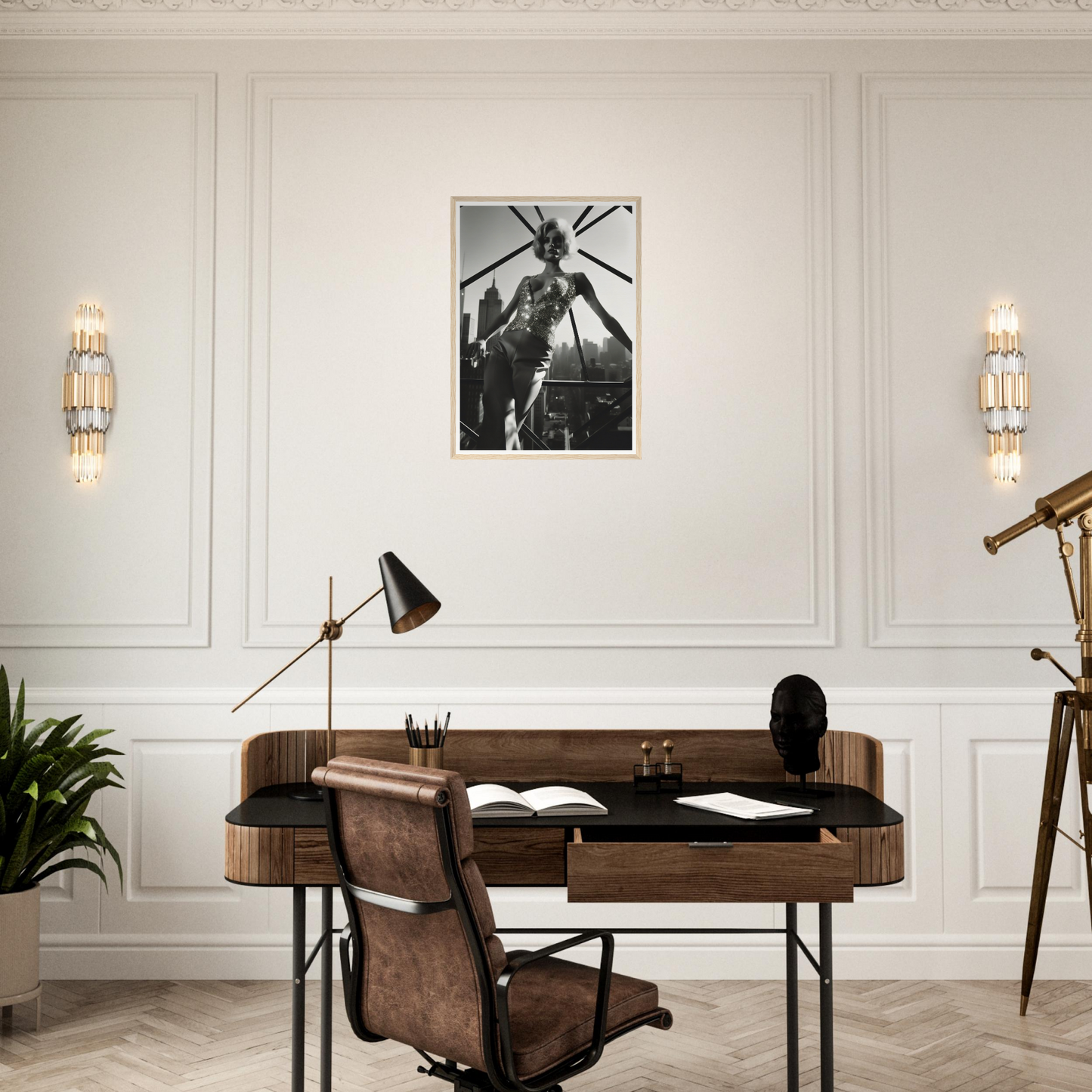 Wooden desk with a leather chair in a home office setting.