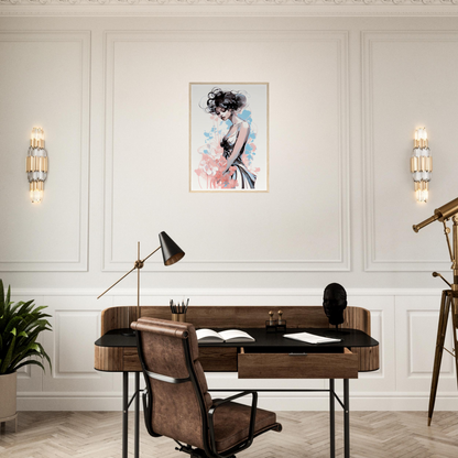 Wooden desk with a leather chair in a home office setting.