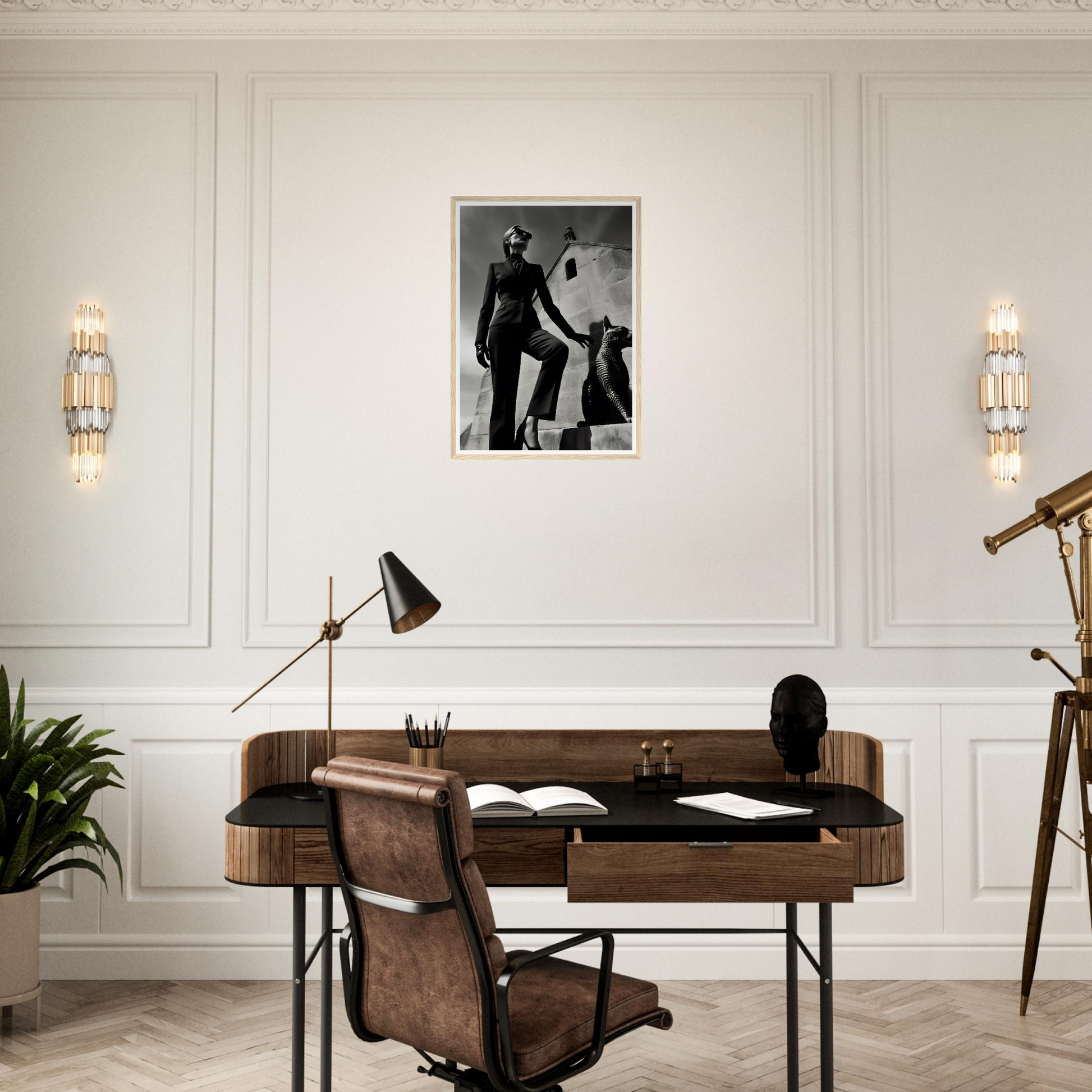 Wooden desk with a leather chair in a mid-century modern style.