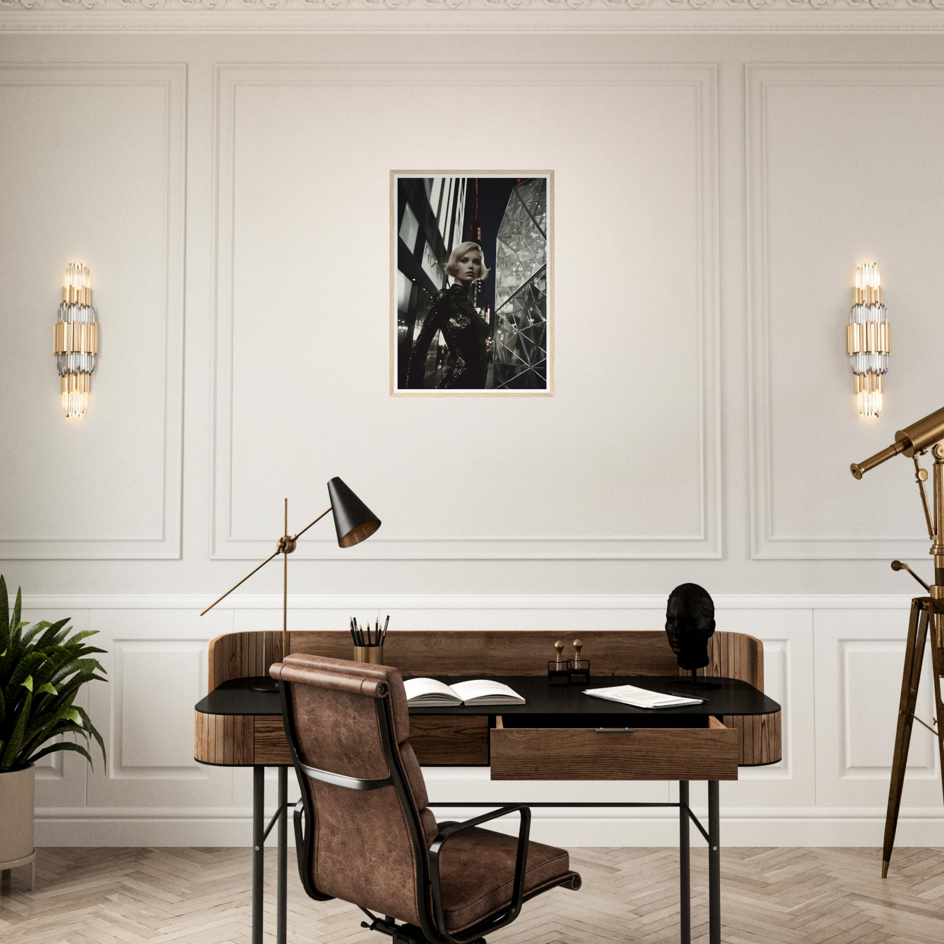 Wooden desk with leather chair in a mid-century modern style.