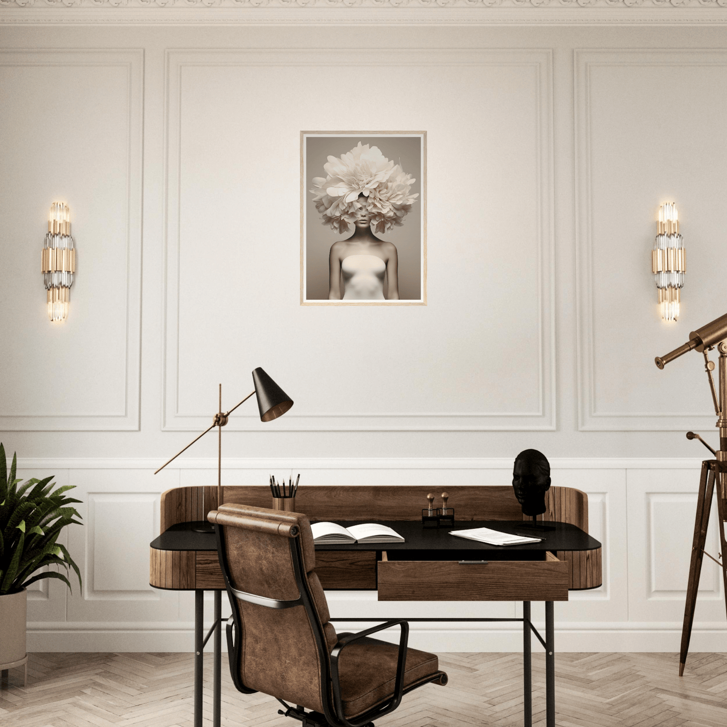 Elegant home office desk with a leather chair in a mid-century modern style.