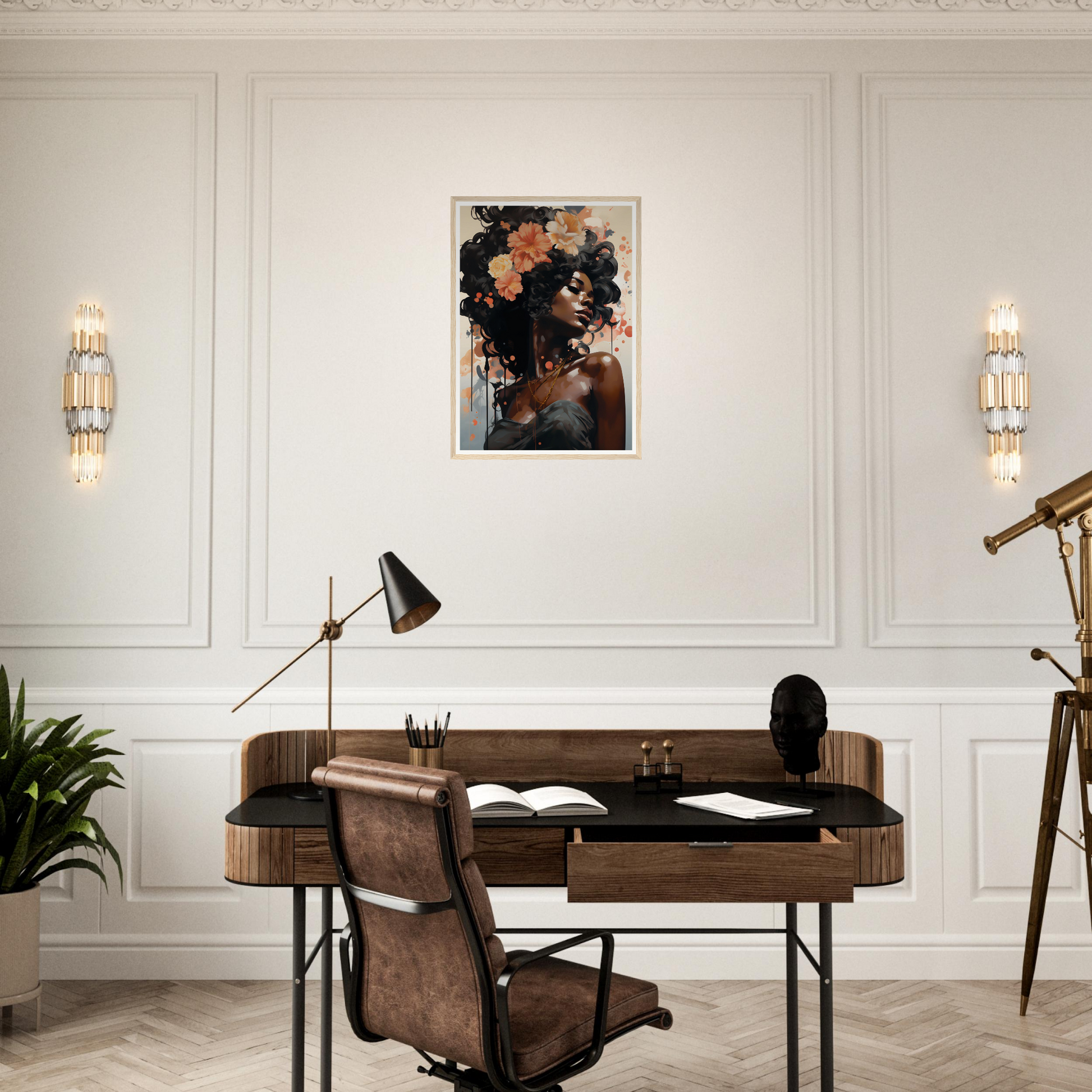 Elegant home office desk with a leather chair and decorative accessories.